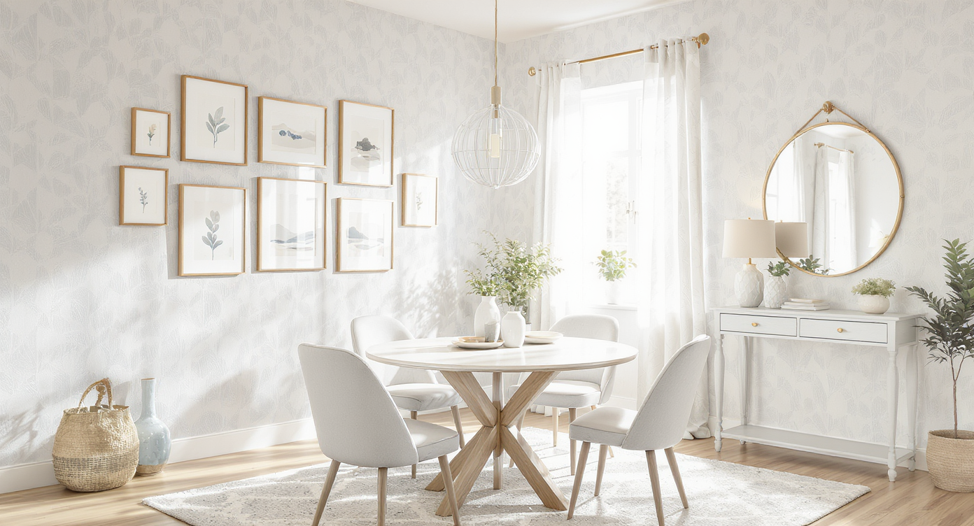 Dining room corner showing a gallery wall of framed art, a slim console table with mirror and lamp, and a rotated dining table with clear walkways.