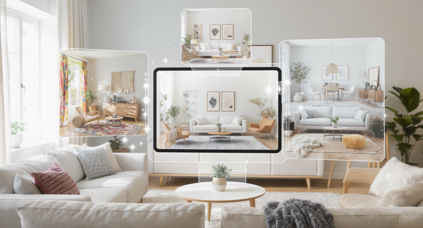 Modern living room with a floating digital tablet displaying room photos and multiple style overlays like Boho and modern minimalism surrounding it.