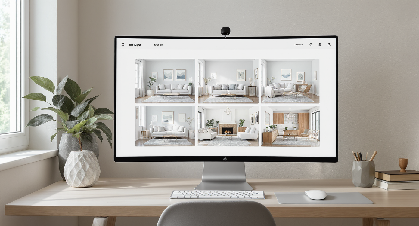 Modern workspace showing a computer screen with multiple photoreal room makeover designs in different styles, bathed in natural light.