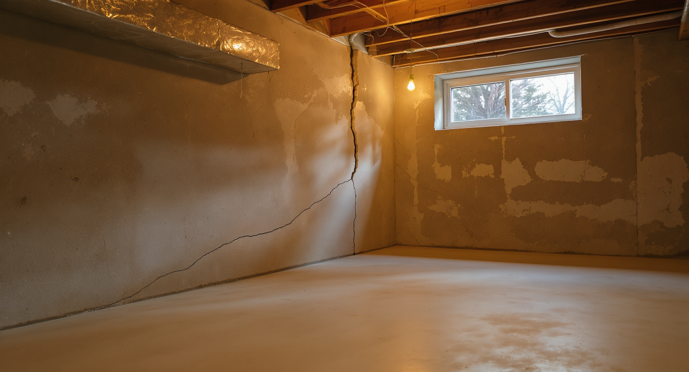 Spacious basement with an egress window and visible diagonal crack patched on the concrete wall under warm lighting.