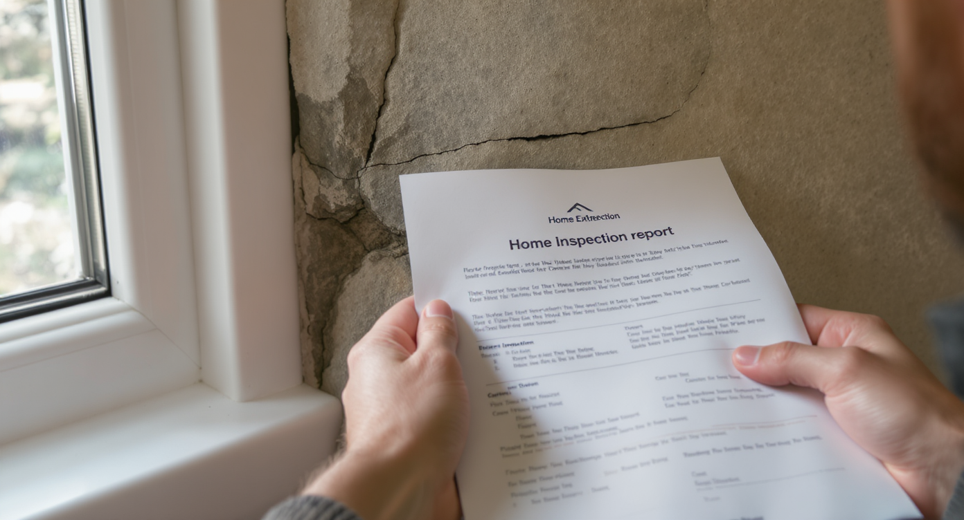 Close-up of a hand holding an inspection report next to a crack on a basement foundation wall near an egress window.