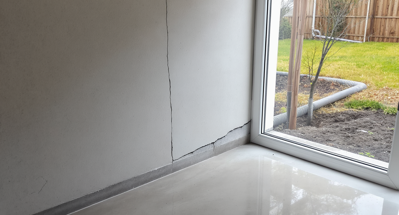 Basement corner with crack near egress window showing waterproofing pipe and rain-soaked yard outside, illustrating moisture control.