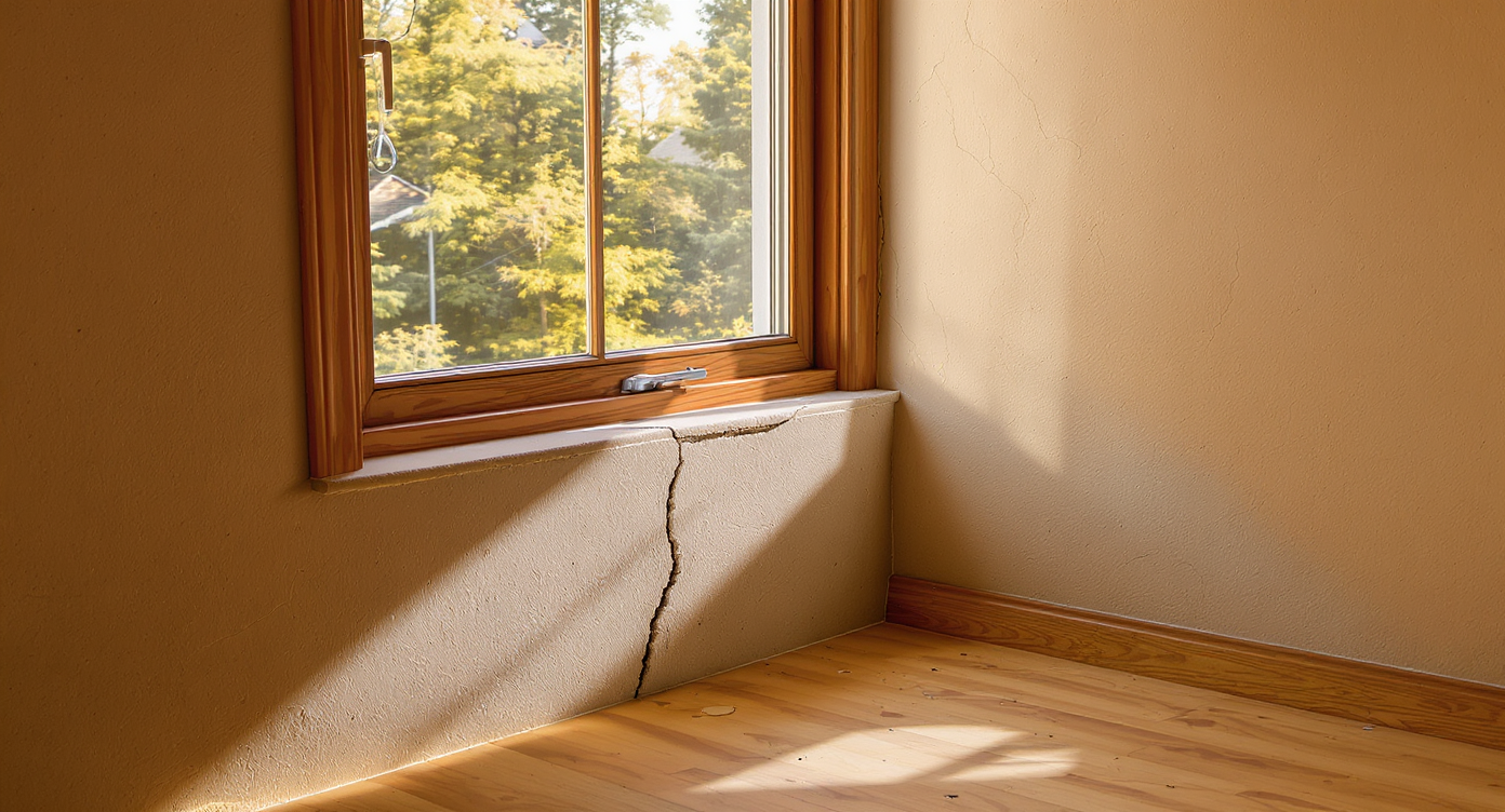 Northeastern basement corner with colonial trim egress window and diagonal crack on concrete foundation wall beside natural outdoor light.
