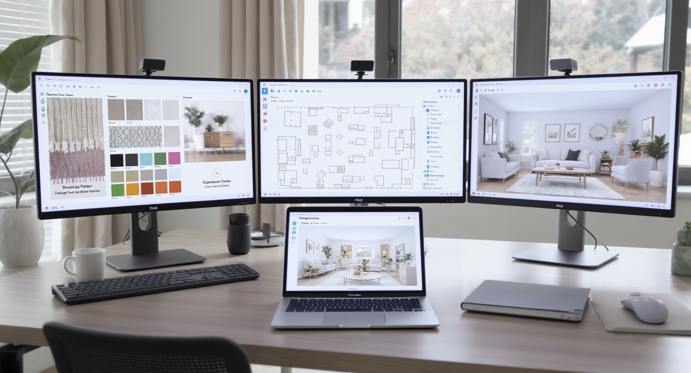 Desktop with multiple screens showing home design apps including mood board, layout planner, 3D walkthrough, and ReimagineHome.ai on laptop.