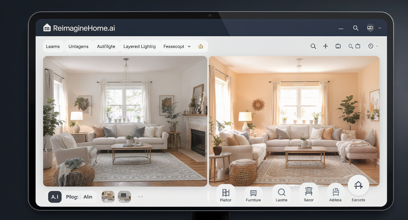 Screen showing unfinished cottage room photo alongside AI-enhanced version with styled rug, layered lighting, and plants using ReimagineHome.ai.