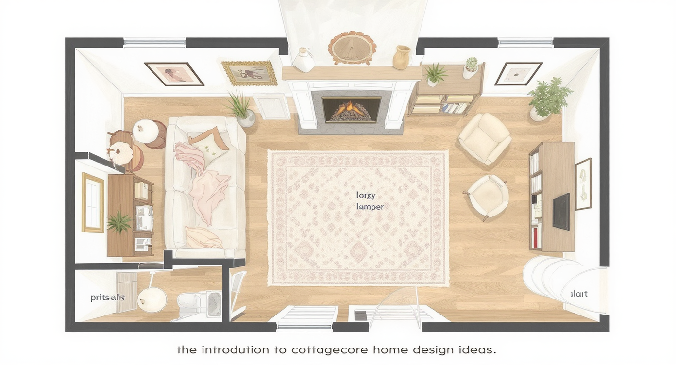 Overhead pastel illustration of floor plan with cozy design elements labeled, including rug, lamps, art, and plants near fireplace.