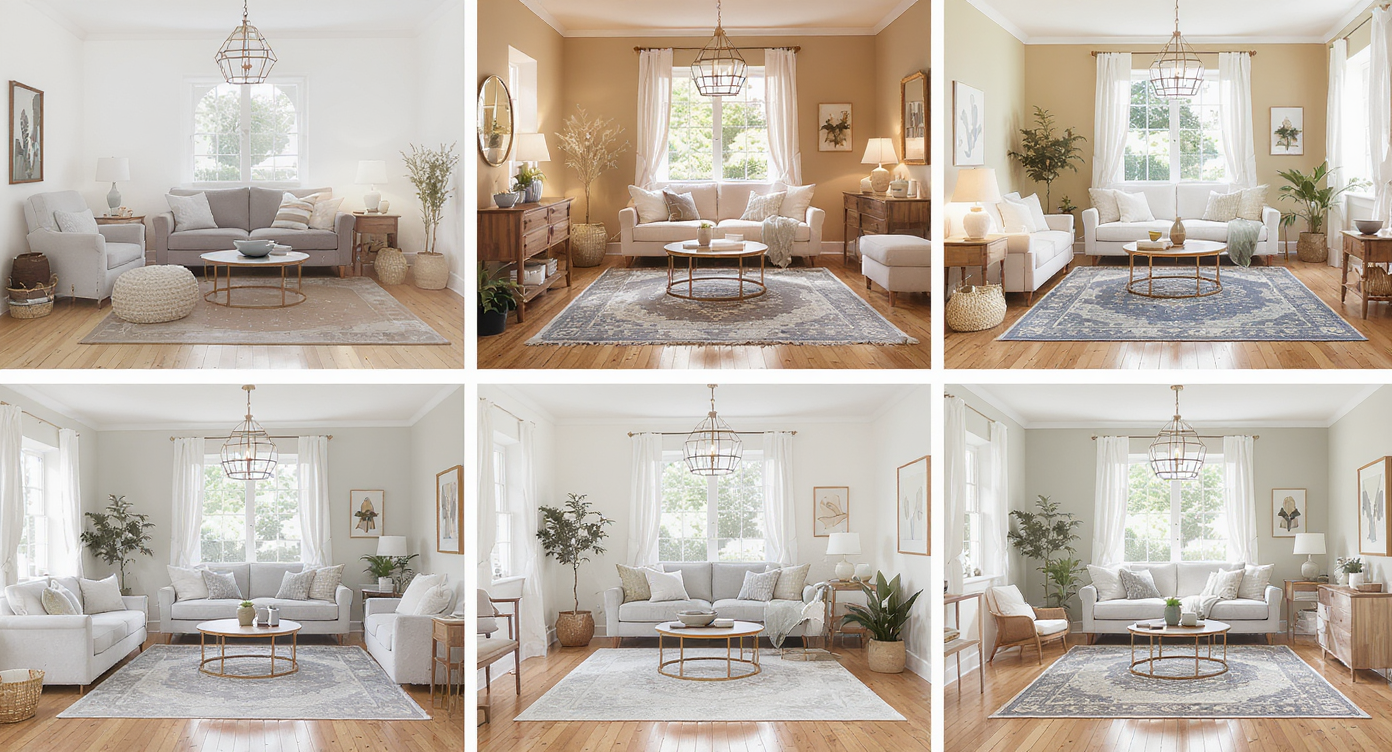 Collage of steps transforming a cottage room photo into styled space with paint, rug, lamps, plants, and art using ReimagineHome.ai.