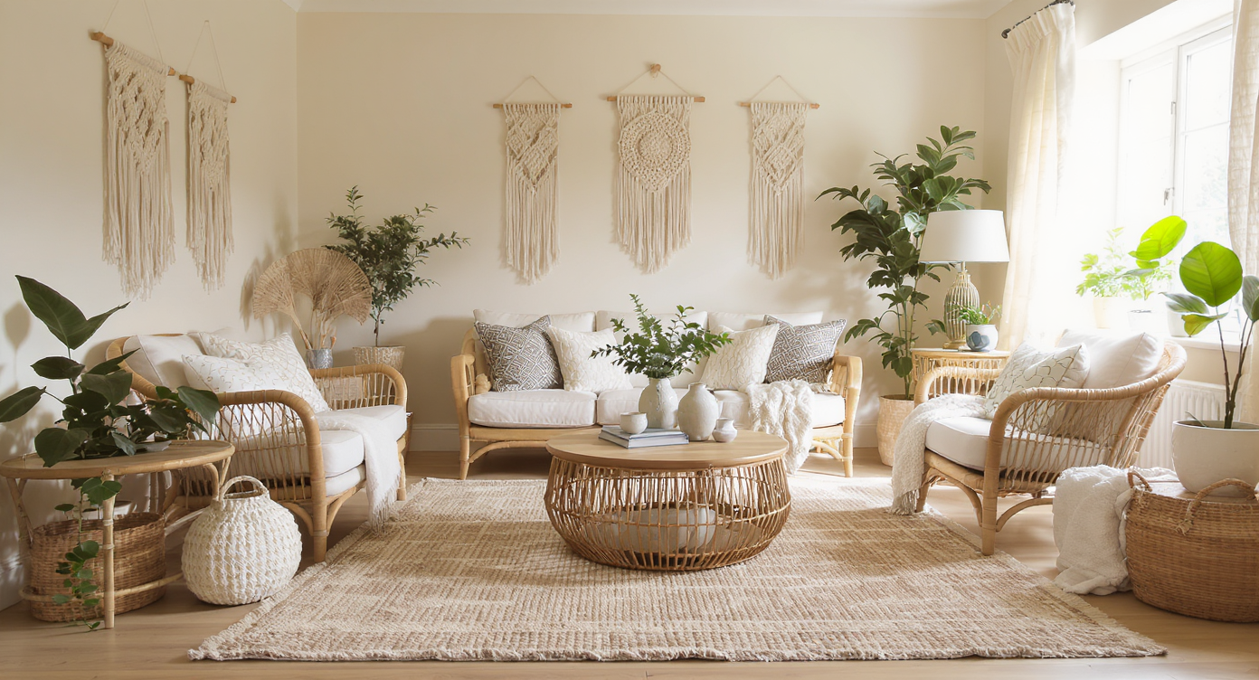 English cottage living room styled with cottagecore and bohemian decor, large textured rug, rattan furniture, plants, and warm natural light.