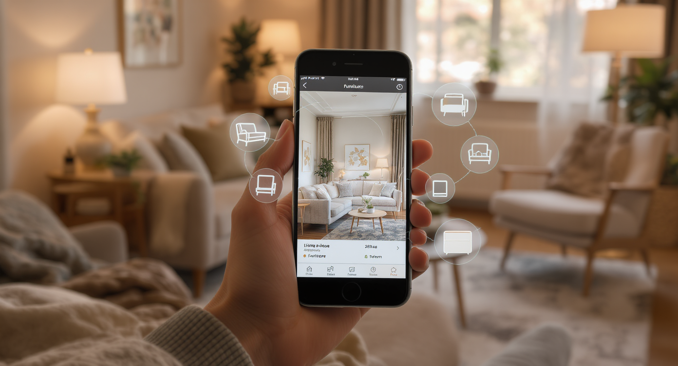 Living room corner with hand holding smartphone showing digital room makeover icons overlaid on warm neutral furniture and soft lighting.
