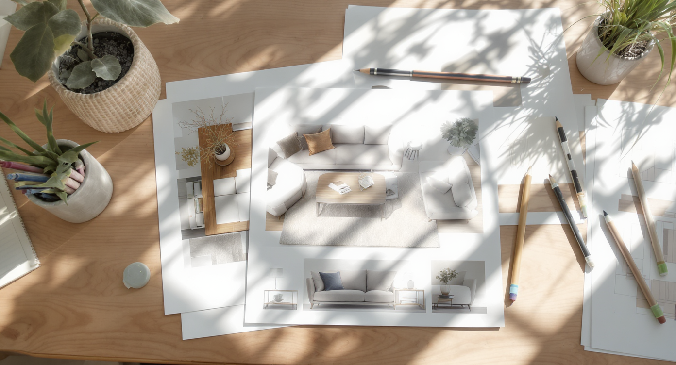 Design studio table with layered transparent sheets showing different furniture layouts and colors over a living room photo with warm natural light.