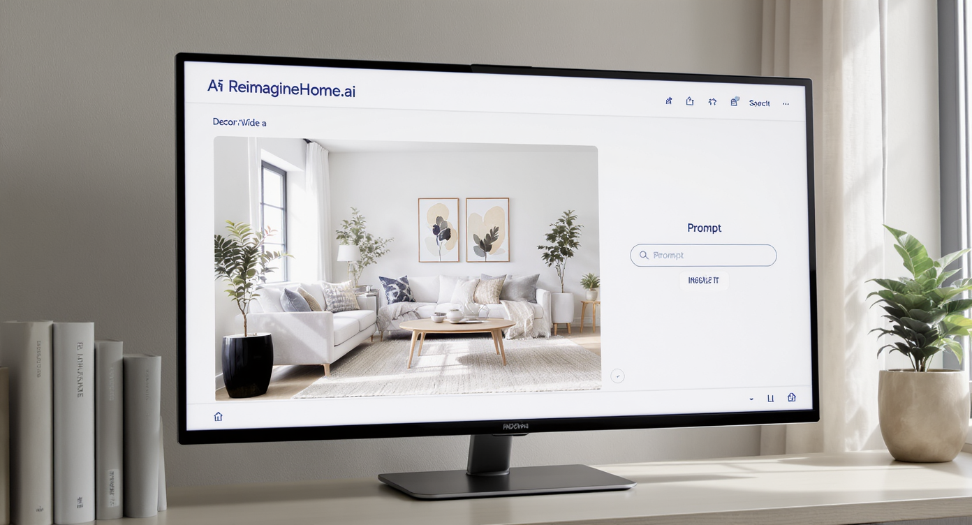 Minimalist workspace featuring a monitor showing AI interior visualization of a living room in warm neutrals with furniture layout and decor suggestions.