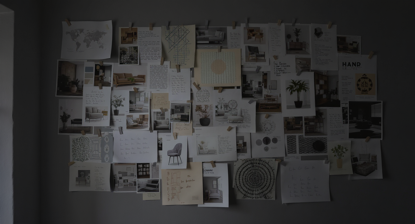 Wall covered in overlapping interior design inspiration boards showing mixed styles and colors, appearing cluttered and confusing.