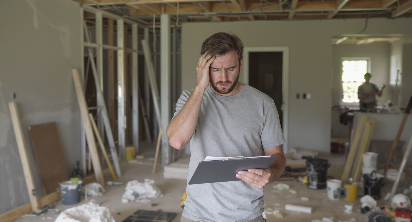 Frustrated homeowner reviewing delayed renovation plans amid ongoing construction