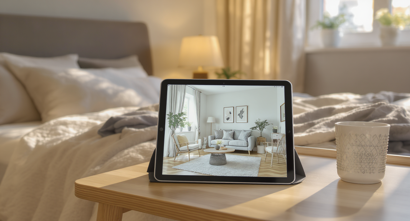 Bedroom with tablet showing 3D room preview of paint and furniture changes before renovation.