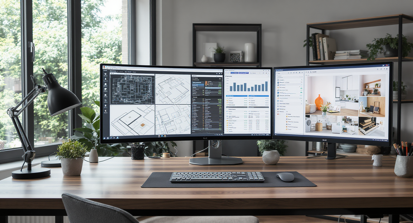 Home office with screens displaying floor plans, budgets, and digital renovation workflow, showcasing modern planning tools.