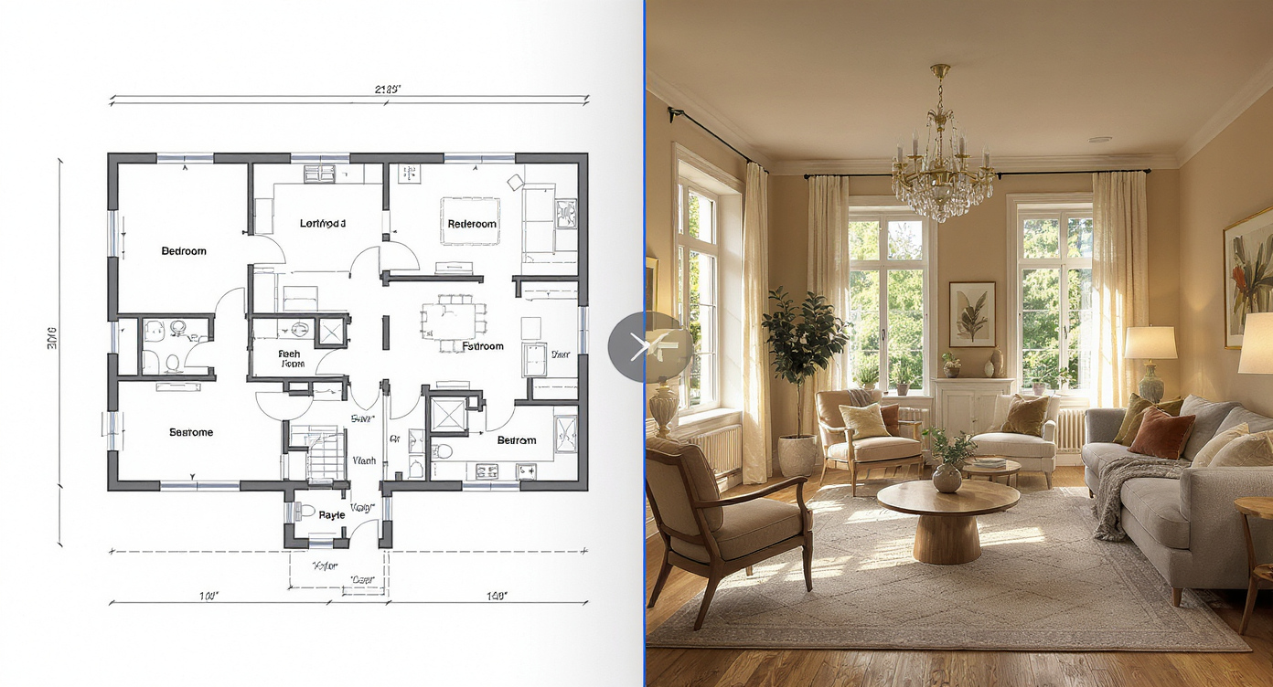 Side-by-side of flat floor plan and vibrant 3D photorealistic room highlighting AI design benefits.