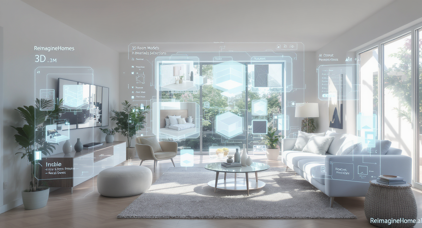Bright interior with digital AI interface overlay showing real-time 3D room modeling and material changes.