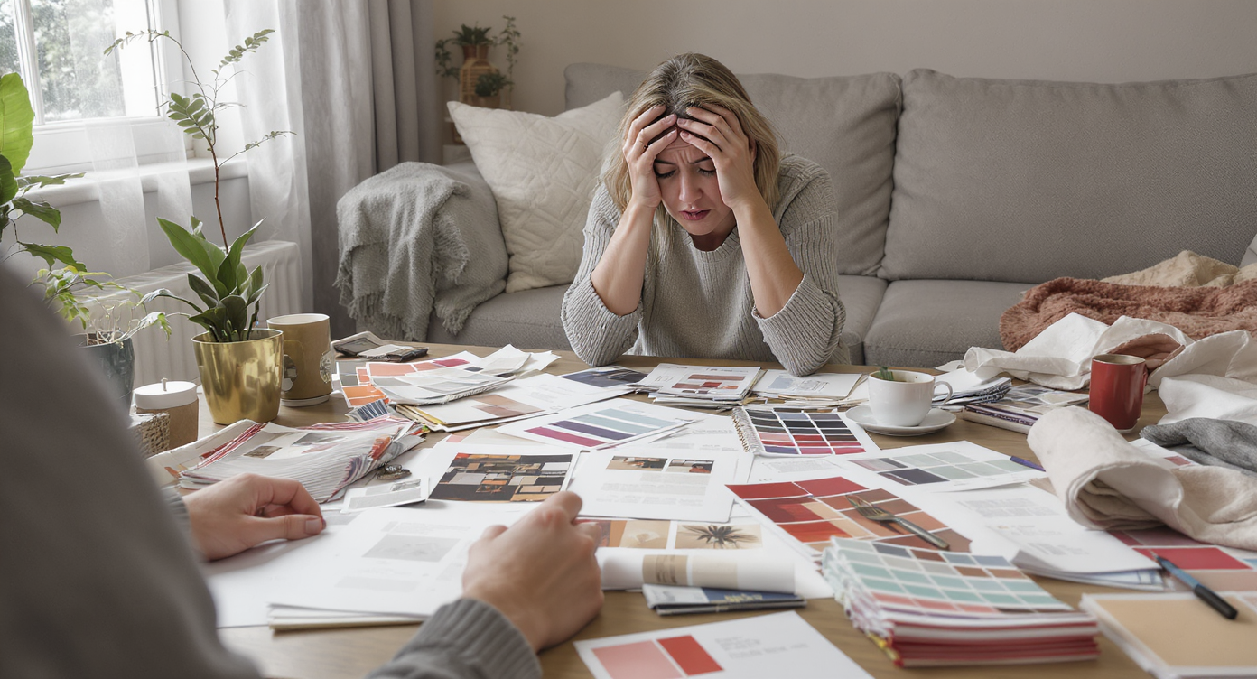 Living room corner with scattered mood boards and fabric samples, focusing on tense hands amid design chaos.