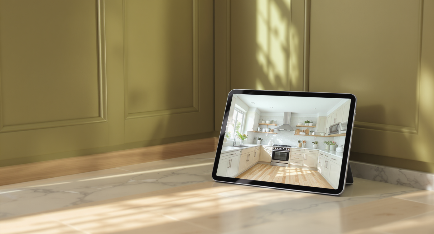 Kitchen with olive green cabinets, white marble countertops, light wood floors, and a tablet showing the kitchen photo.