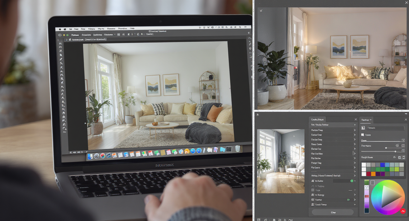 Collage of room photo evolving into multiple redesigned versions with color and layout edits shown on a laptop screen.