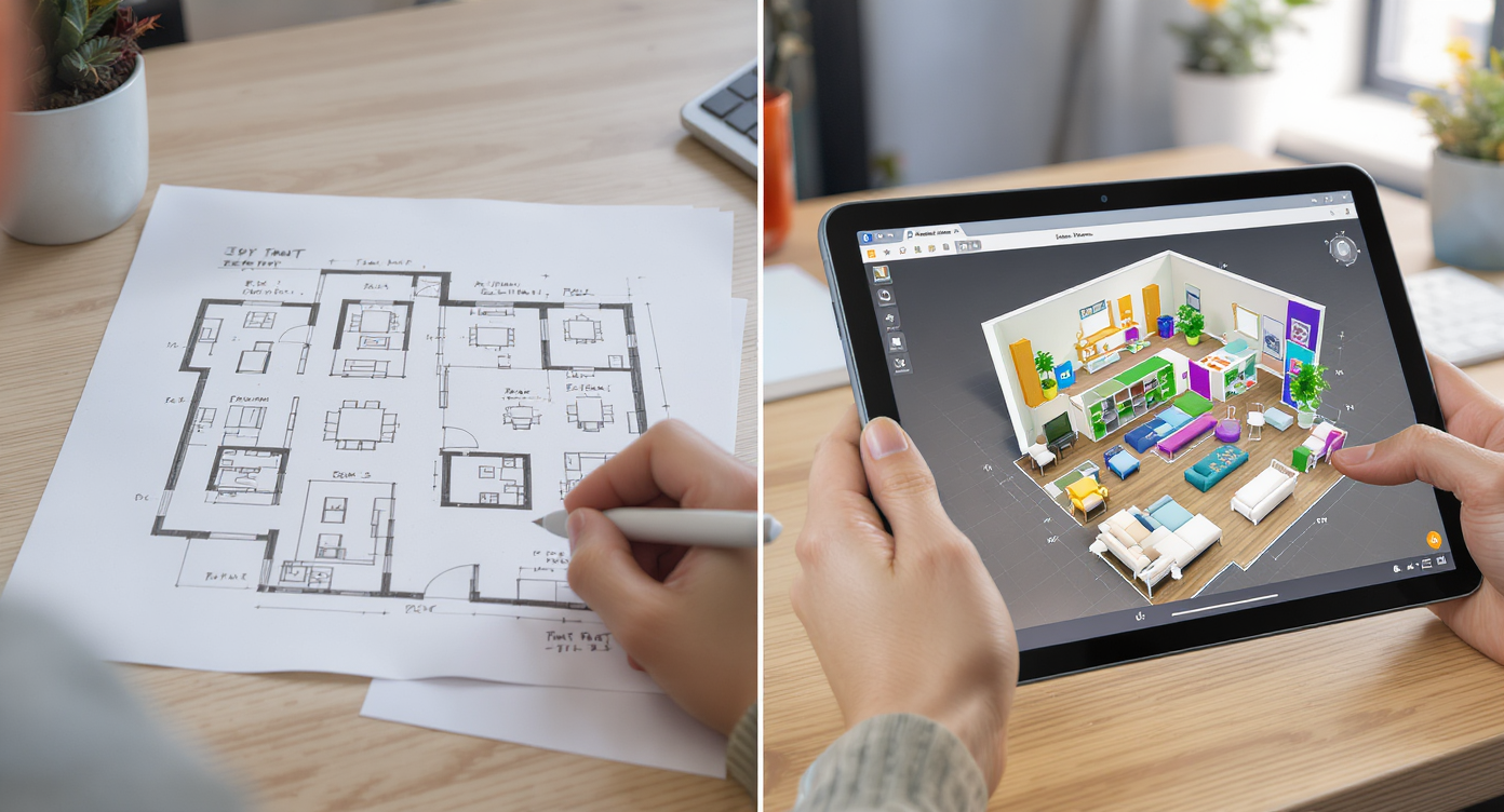 Side-by-side comparison of manual room sketches and vibrant photorealistic AI-generated room render on a tablet.