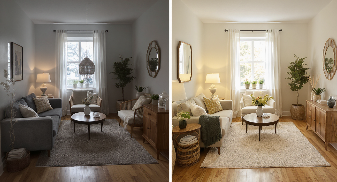 Before and after images of small room showing scale errors fixed and optimized layout for better space use.