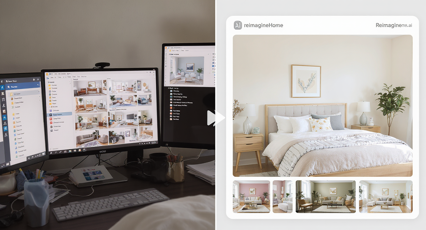Bedroom showcasing cluttered design apps vs. streamlined one-photo redesign interface on clean screen, highlighting ease of use.