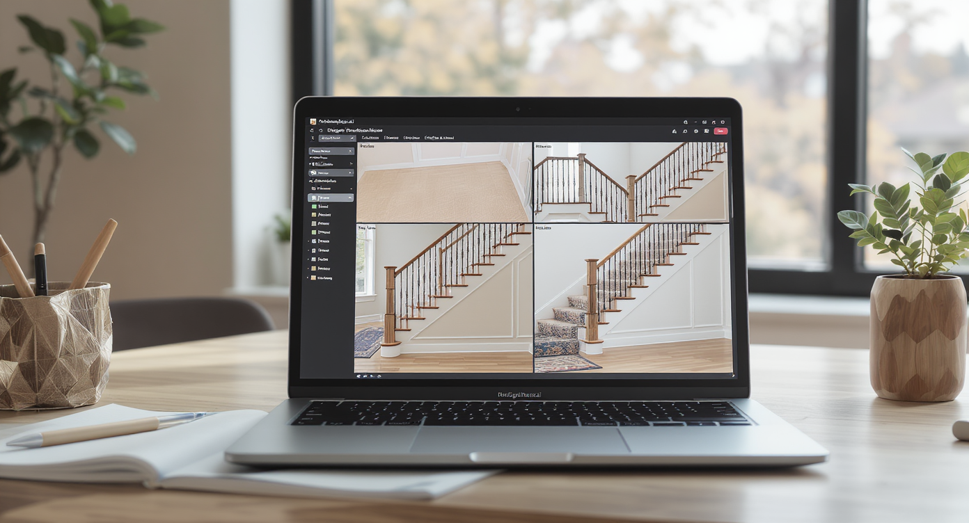 Laptop showing multiple virtual staircase design options via AI software in a bright contemporary home office.