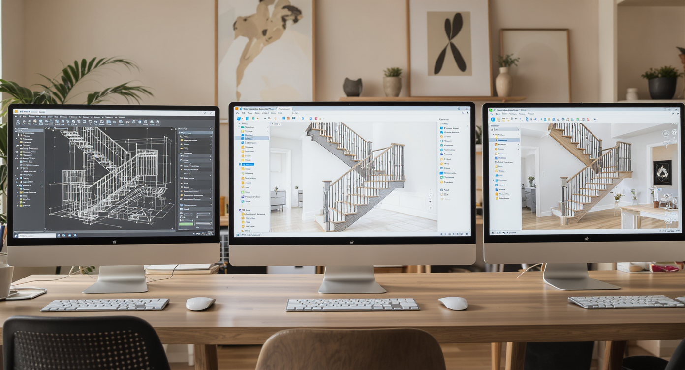 Design studio with three screens showing various staircase design apps, highlighting ReimagineHome.ai’s intuitive interface.