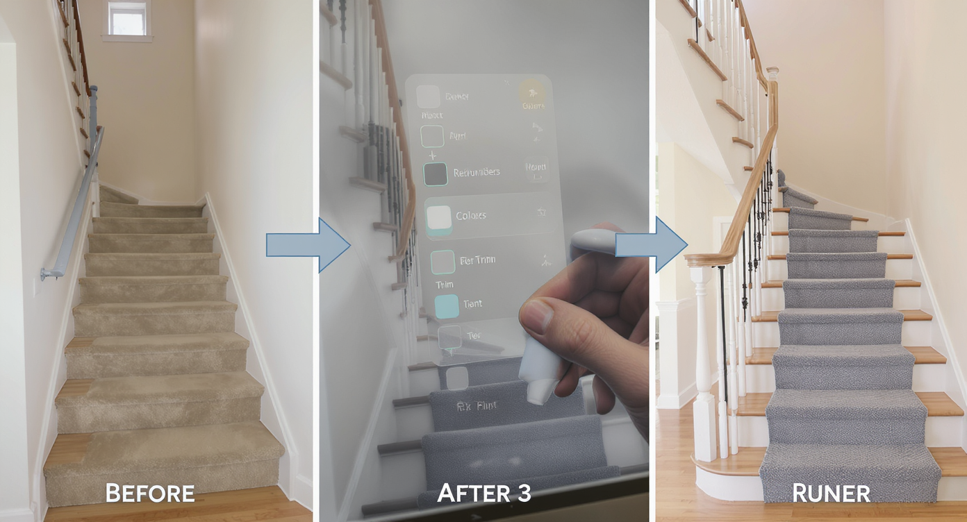 Three-image collage of staircase: original photo, AI design interface selecting options, final styled staircase rendering.