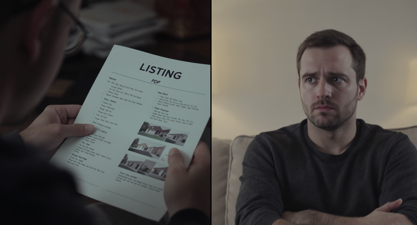 Split view of frustrated agent with printed dull listing presentation and disengaged client beside empty, unstaged living room.