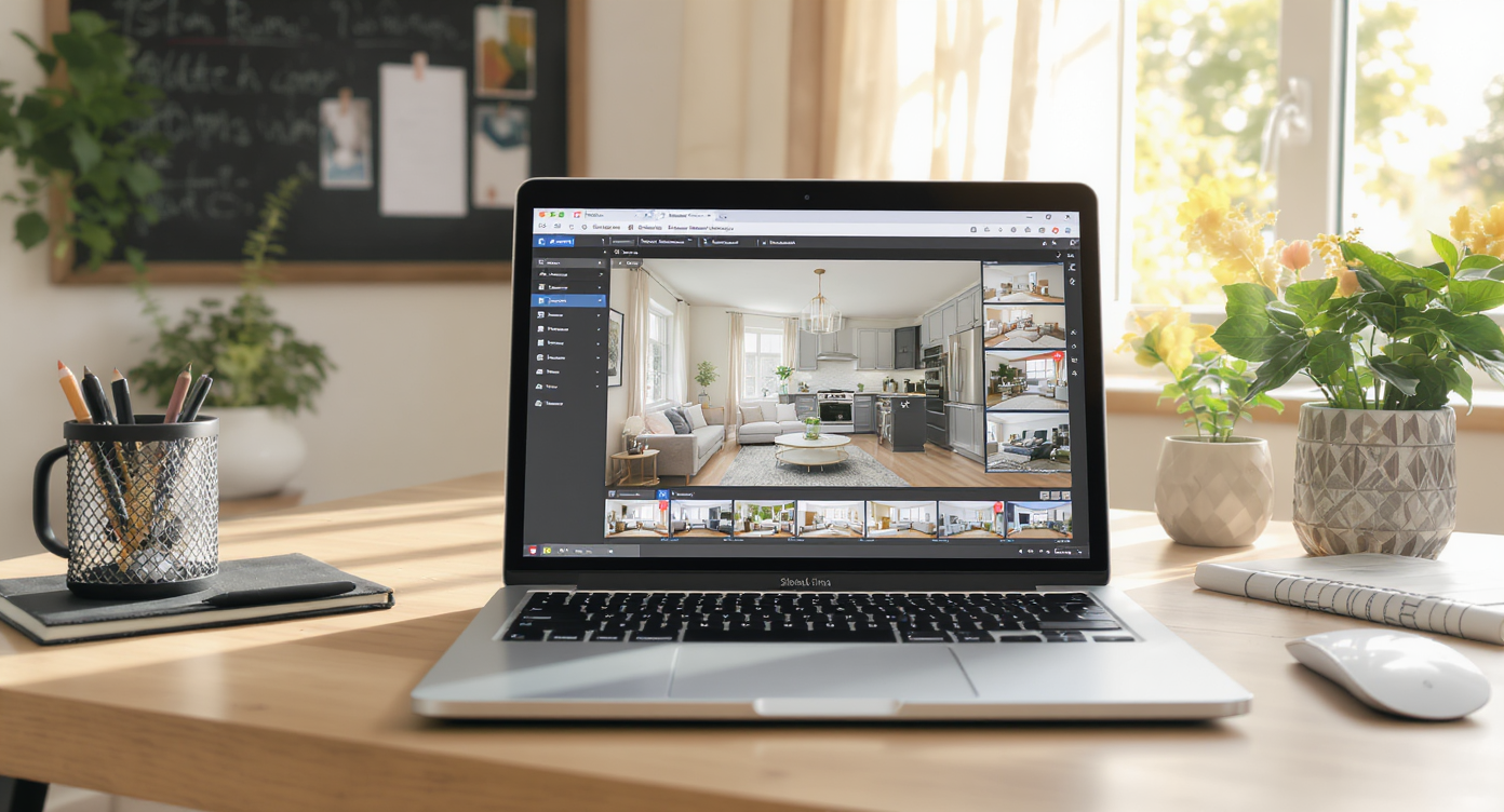 Bright home office with laptop showcasing virtual staging slides, surrounded by real estate notes and moodboards in a cozy setting.