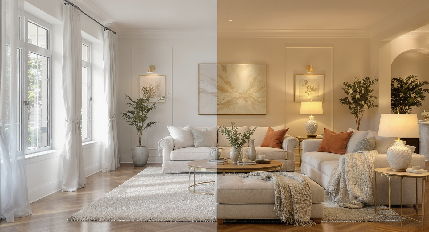 Luxury great room blending empty space and elegant virtual staging with warm ambient light, showcasing AI staging benefits.