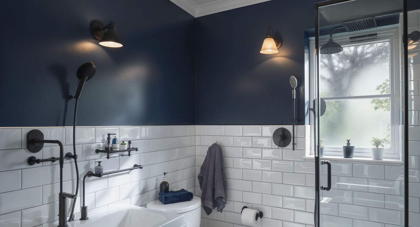 Modern bathroom with navy accent wall, white tiles, matte black hardware, and layered lighting showcasing affordable stylish upgrades.
