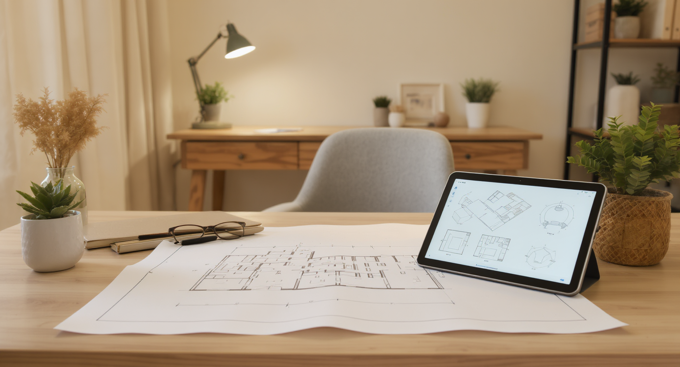 Home office nook with renovation floor plan and lighting diagrams emphasizing cost-effective and practical design strategies.