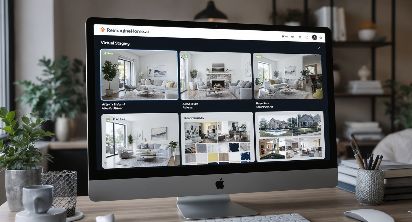 Computer screen showing ReimagineHome.ai virtual staging interface with before-and-after sliders and renovation storyboards, set in modern realtor workspace.