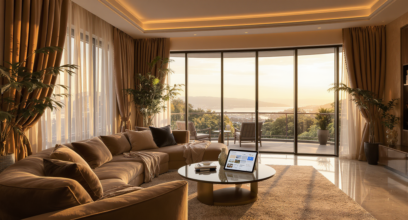 Luxuriously styled living room bathed in golden hour light with velvet and silk textures, and realtor’s tablet showing AI-enhanced visuals in corner.