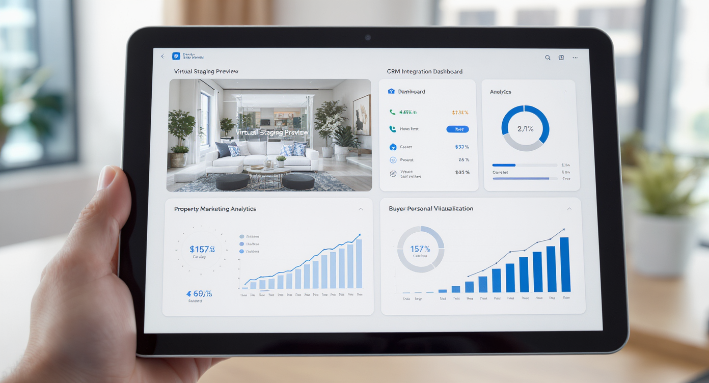 Digital tablet displaying four real estate tools including virtual staging, CRM dashboard, marketing analytics, and buyer persona visuals, in bright modern office.