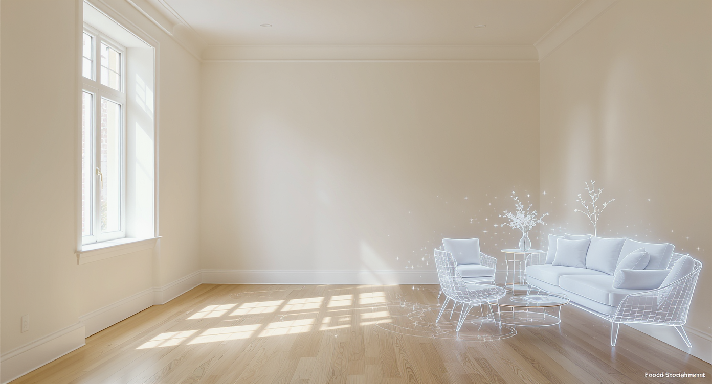 Empty bright room with light wood floors and white walls showing ghosted digital furniture overlays representing virtual staging transforming the space.