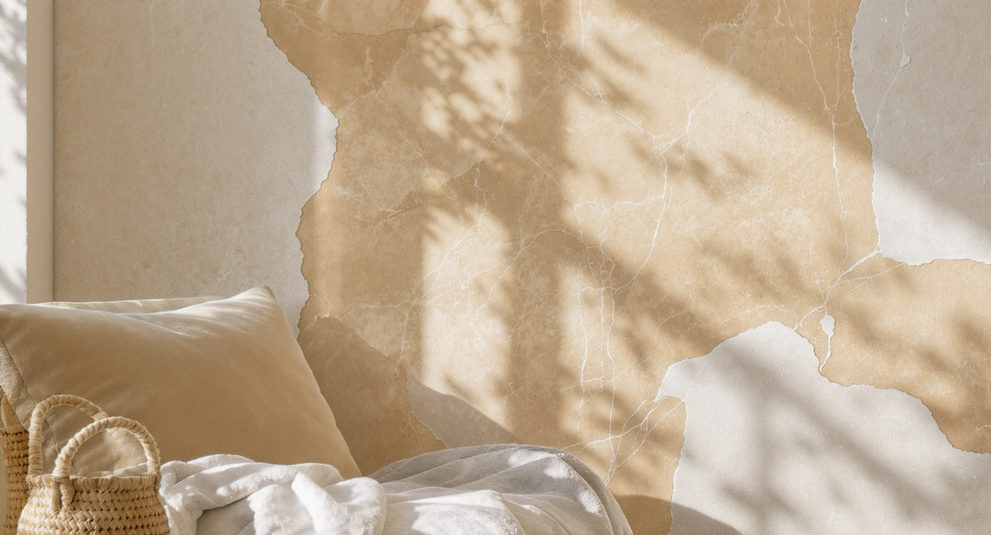 Close-up of warm textured plaster and limewash walls with a soft upholstered chair and woven natural fiber basket beside it under natural light.