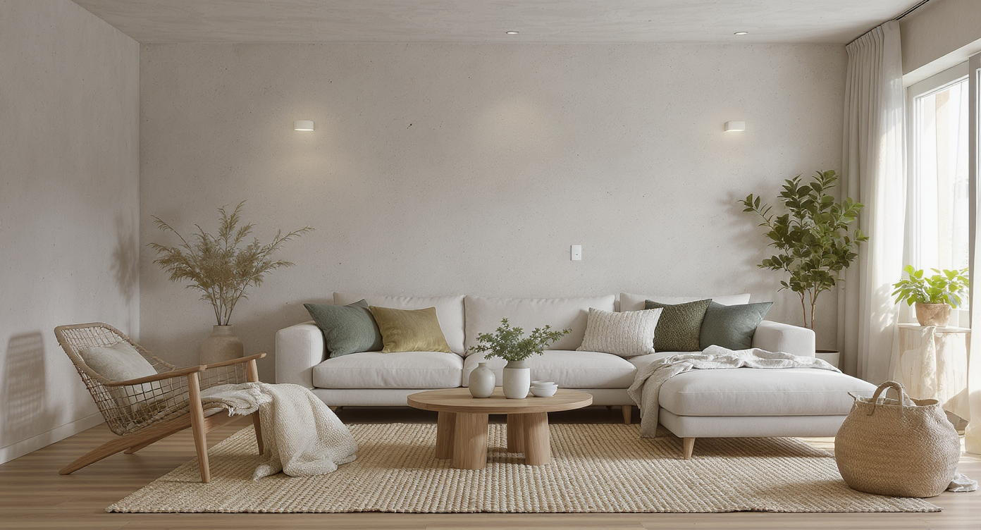Sustainable living room with textured plaster walls, subtle colors, natural wood furniture, eco-friendly textiles, and hidden smart technology.