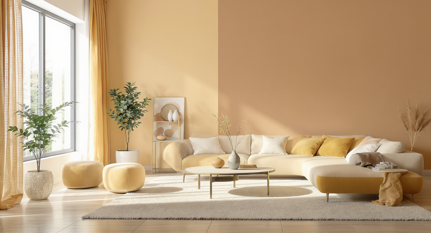 Sunlit modern room with tactile plaster walls and digital color swatches showing 2025 trends, modular furniture, and natural light mapping.