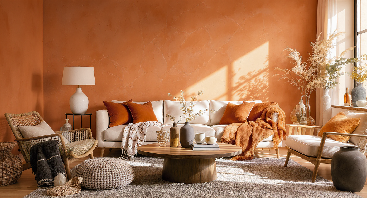 Living room in warm monochrome, featuring textured plaster walls, woven textiles, smooth ceramics, and rustic wood furniture bathed in natural light.