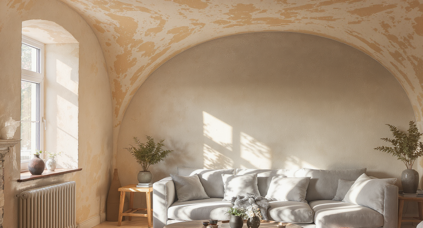 Room with warm textured plaster walls and heavily textured plaster ceiling casting shadows, soft neutral couch, and natural wood accents.