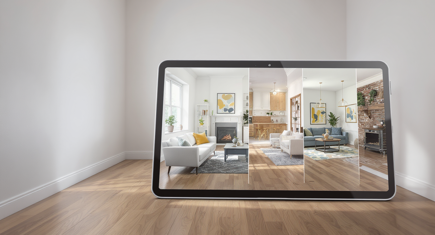 Empty room with white walls and wooden floor transitioning into multiple AI-rendered interior design styles shown on a digital tablet.