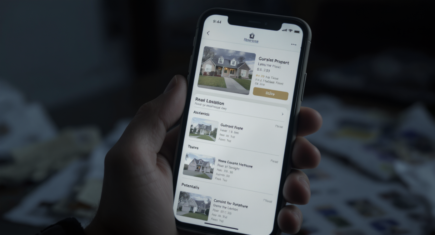 Hand holding smartphone showing cluttered and dated real estate listing app interface with small images and poor visual appeal.