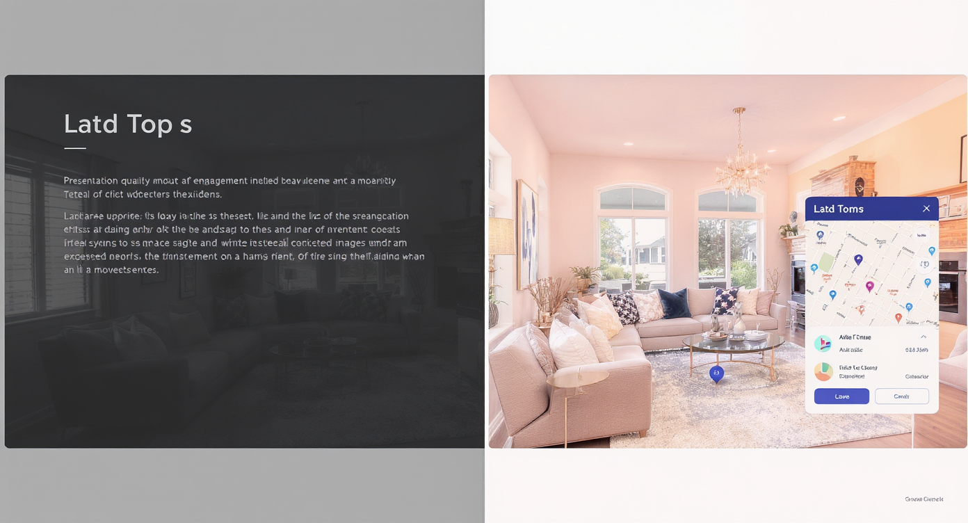 Split-screen showing outdated static real estate slide versus vibrant AI-driven visual presentation with staging images.