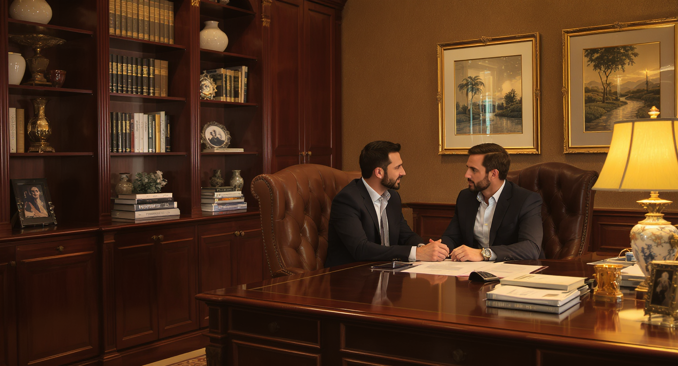 Luxury home office where agent and high-end client discuss in dimly lit, elegant private setting.