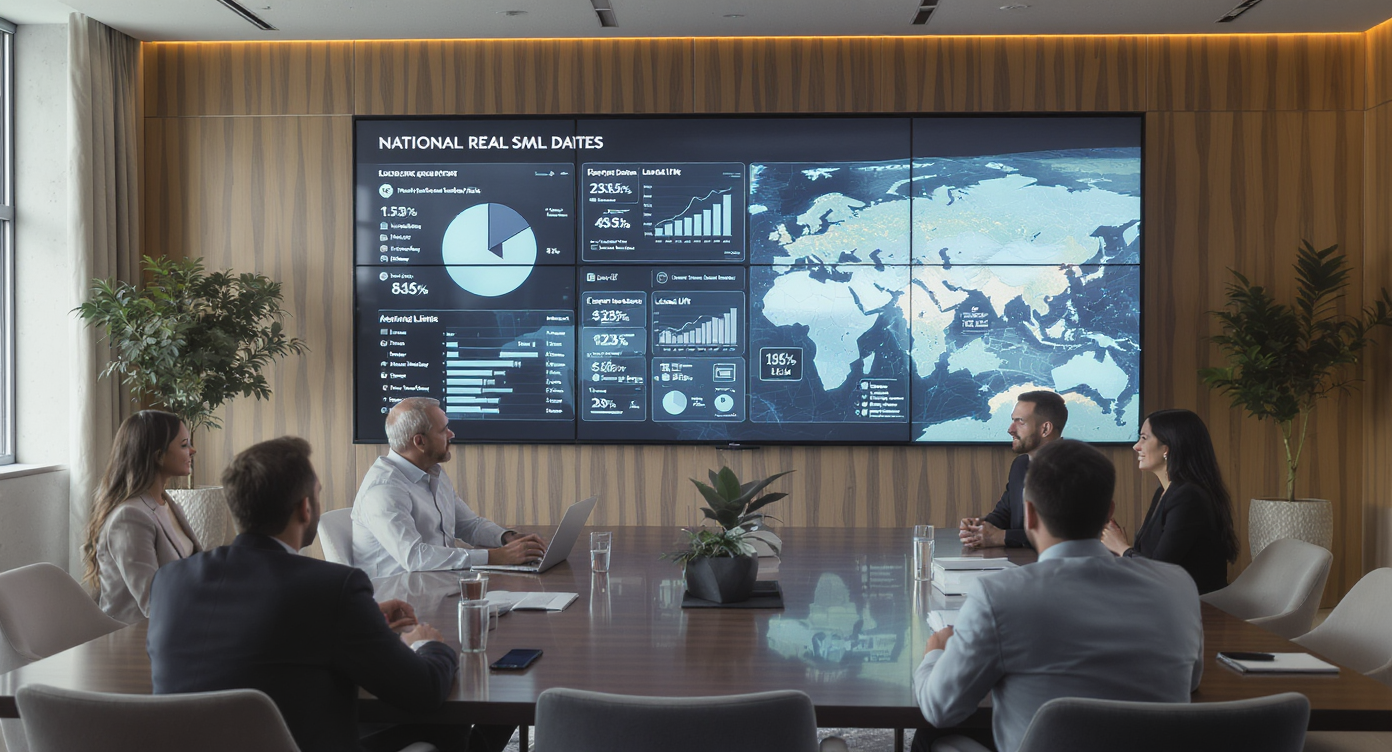 Real estate team in modern meeting room reviewing national data on large digital screen.