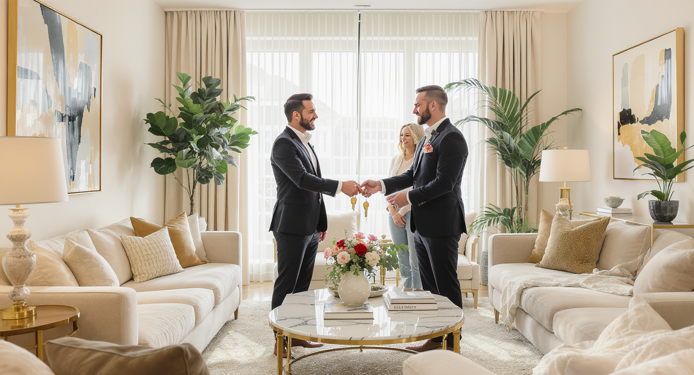 Luxury living room with realtor handing keys to happy couple, sunlight fills bright, stylish space.